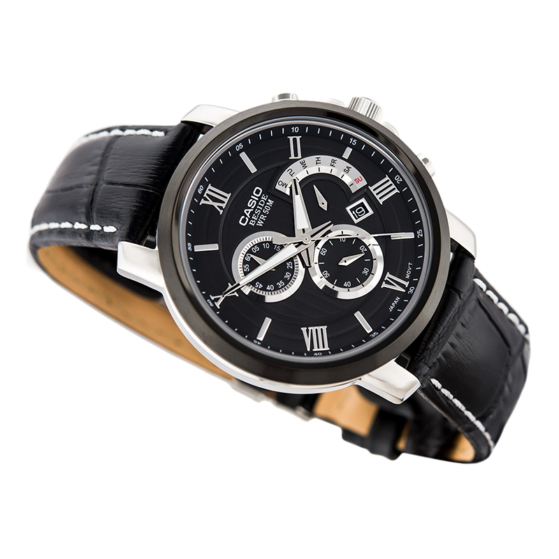 Casio Beside Chronograph Stainless Steel Leather Belt Watch BEM-507BL-1AVDF