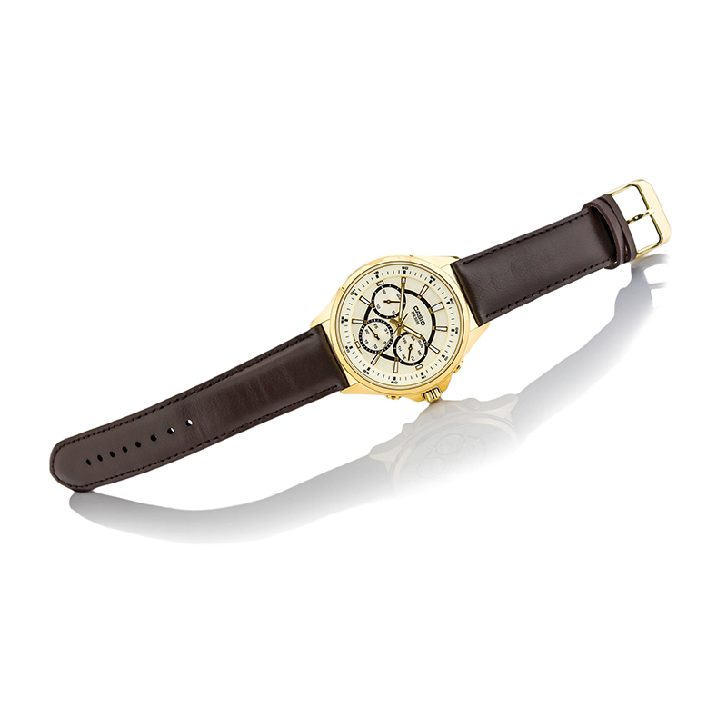 Casio Enticer Multifunction Stainless Steel Golden Leather Belt Watch MTP-E303GL-9AVDF