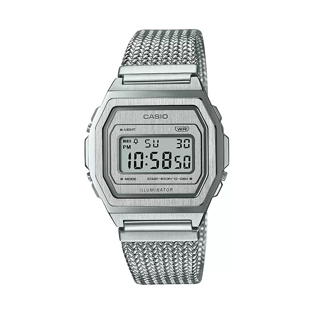 Casio Vintage Illuminator Stainless Steel Silver Mesh Chain Watch A1000MA-7EF