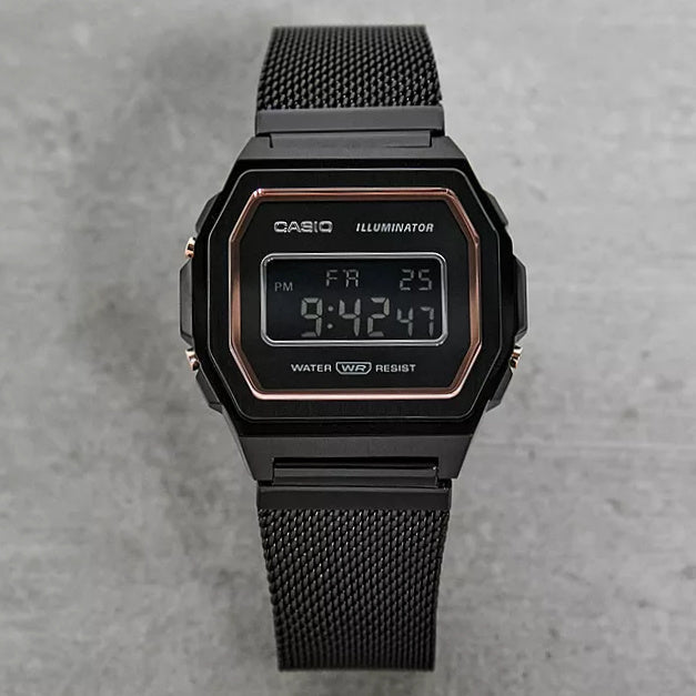 Casio Vintage Illuminator Stainless Steel Black Mesh Chain Watch A1000MB-1BEF