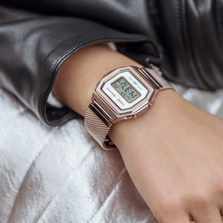 Casio Vintage Illuminator Stainless Steel Peach Gold Mesh Chain Watch A1000MCG-9EF