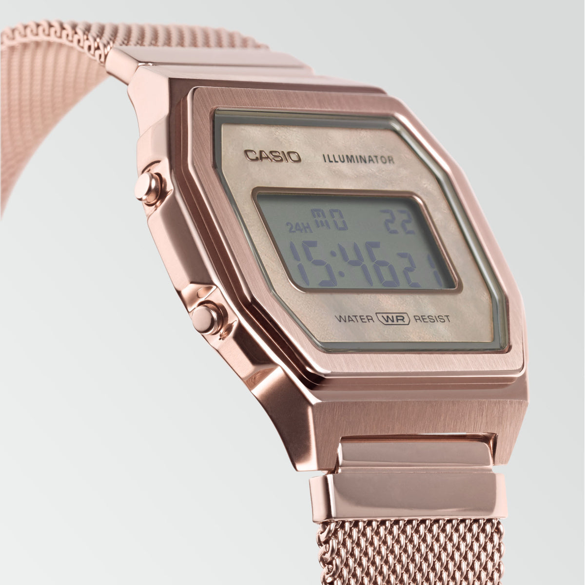 Casio Vintage Illuminator Stainless Steel Peach Gold Mesh Chain Watch A1000MCG-9EF