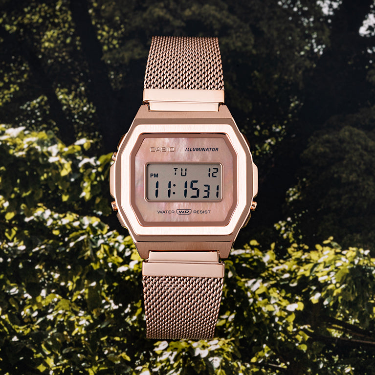 Casio Vintage Illuminator Stainless Steel Rose Gold Mesh Chain Watch A1000MPG-9EF