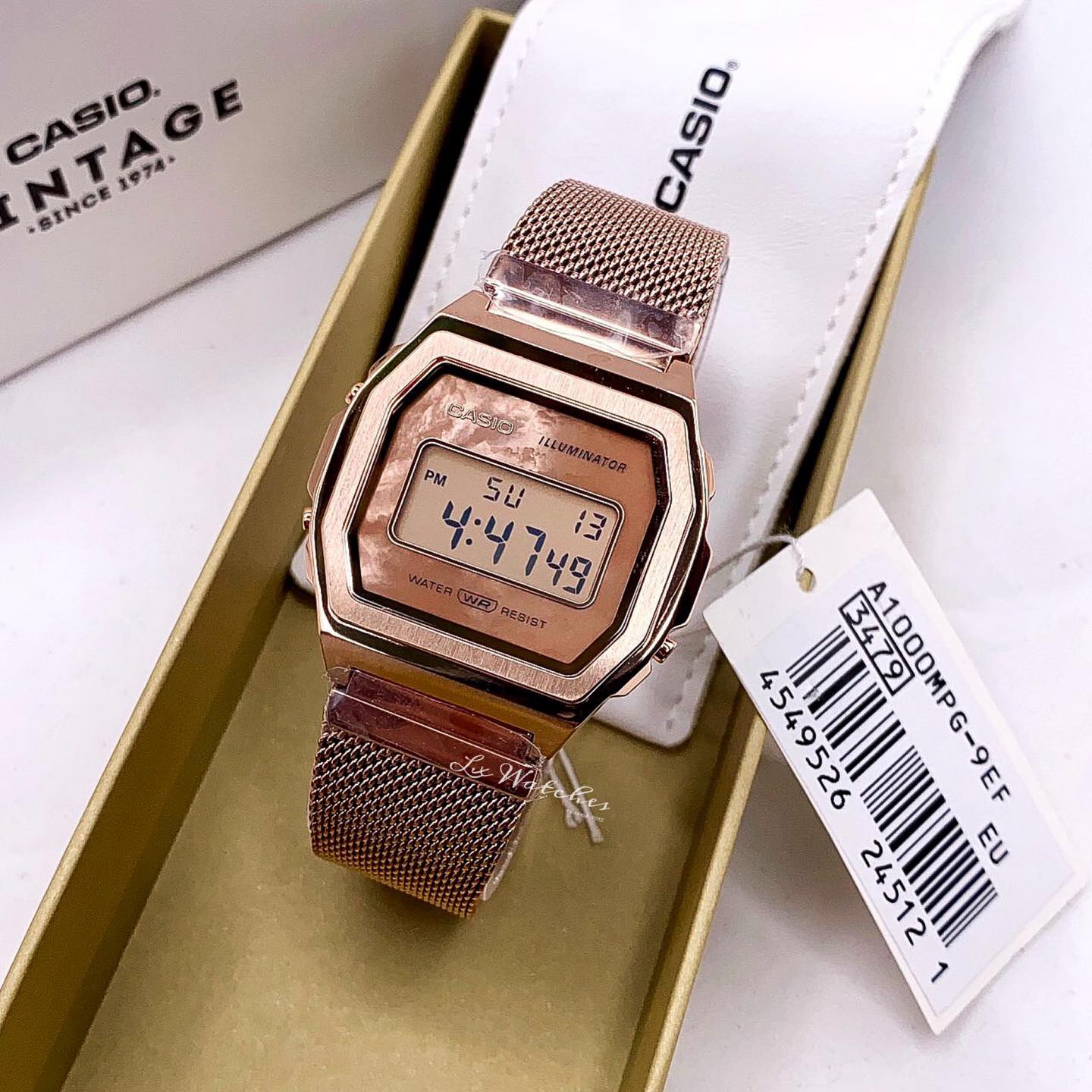 Casio Vintage Illuminator Stainless Steel Rose Gold Mesh Chain Watch A1000MPG-9EF