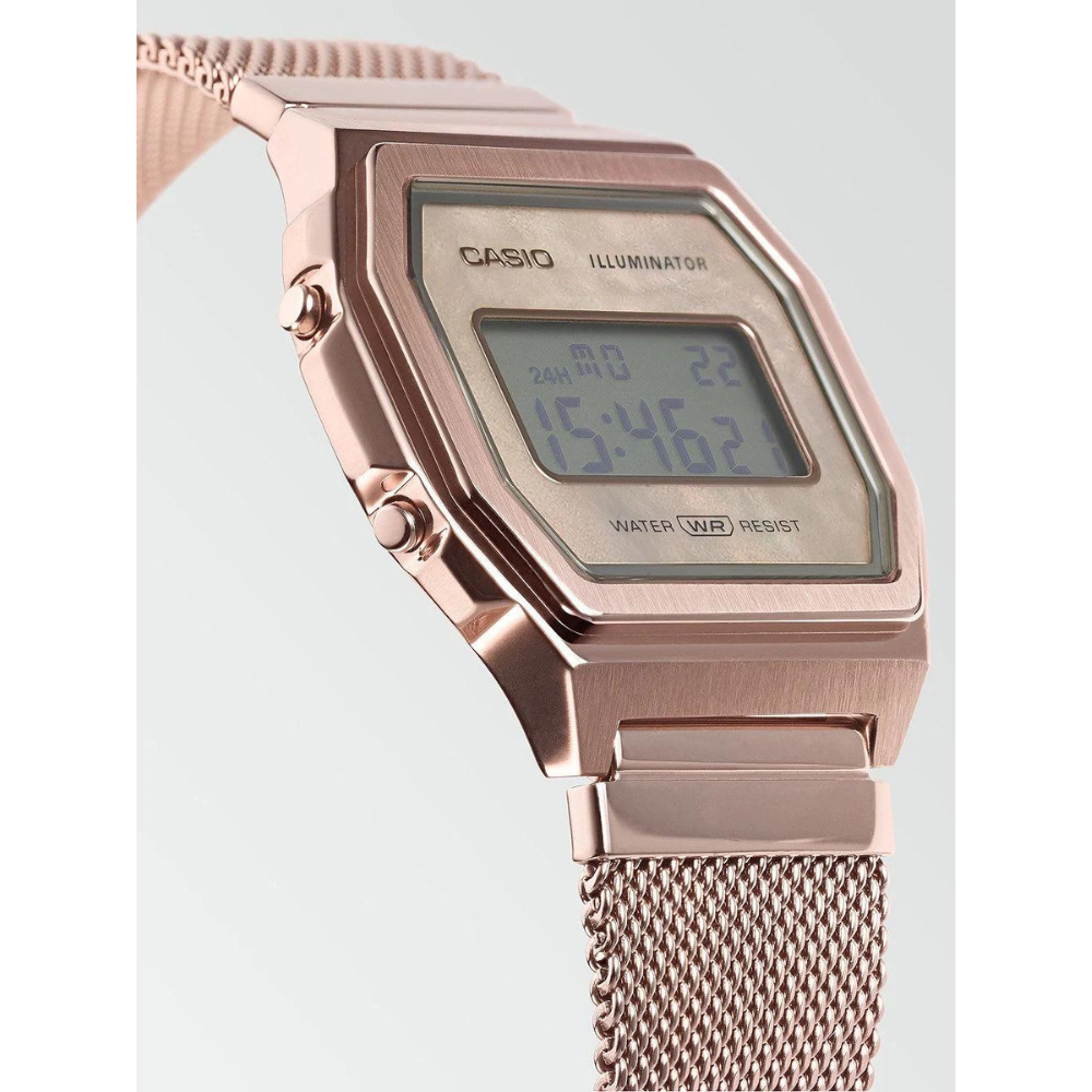 Casio Vintage Illuminator Stainless Steel Rose Gold Mesh Chain Watch A1000MPG-9EF