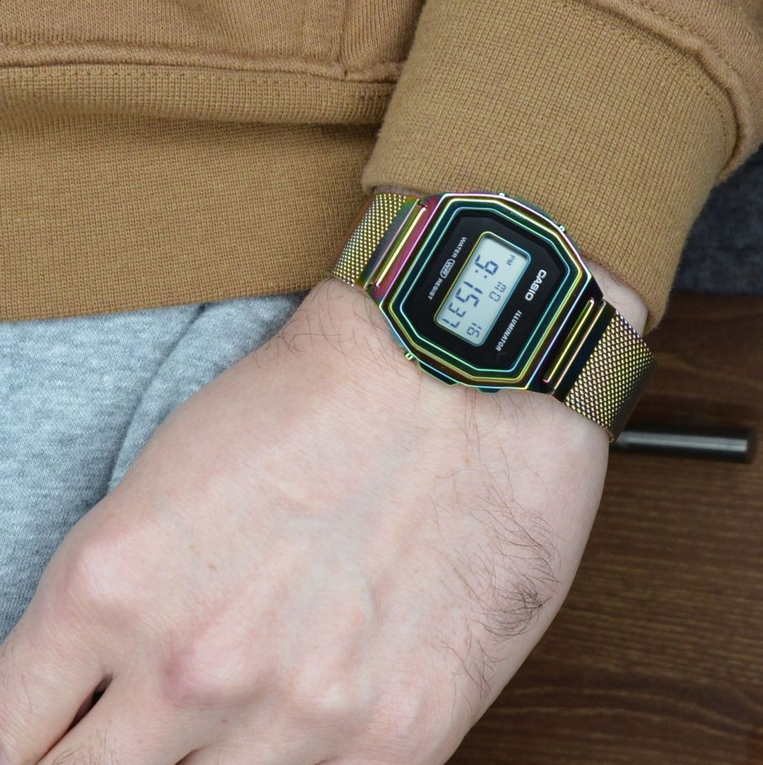 Casio Vintage Illuminator Stainless Steel Rainbow Mesh Chain Watch A1000RBW-1ER
