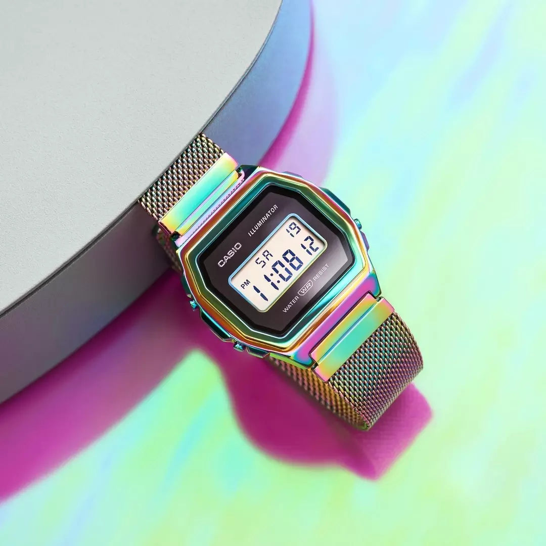 Casio Vintage Illuminator Stainless Steel Rainbow Mesh Chain Watch A1000RBW-1ER