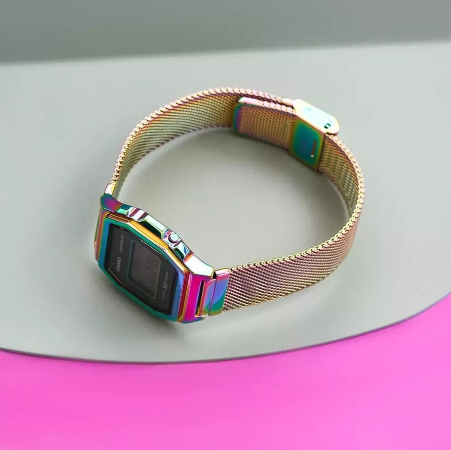 Casio Vintage Illuminator Stainless Steel Rainbow Mesh Chain Watch A1000RBW-1ER