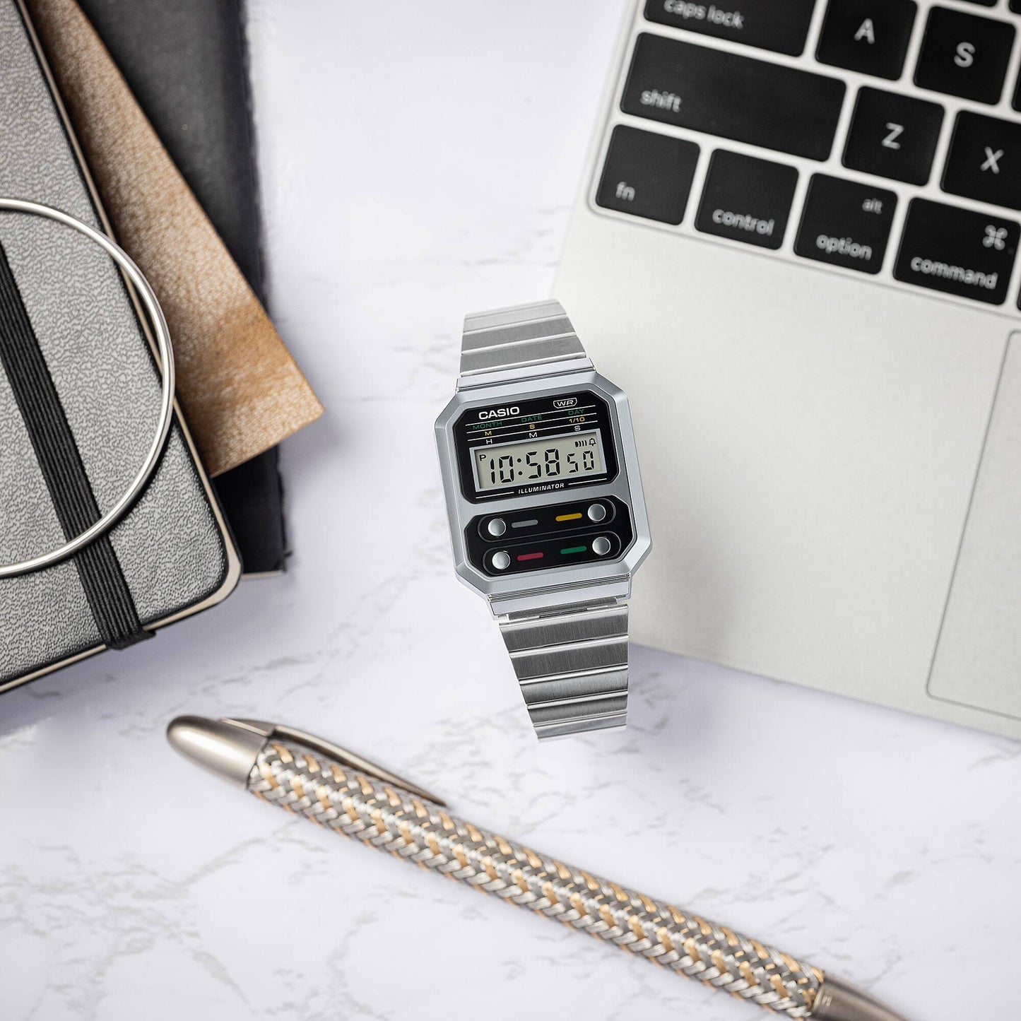 Casio Vintage Digital Silver Chain Watch A100WE-1ADF
