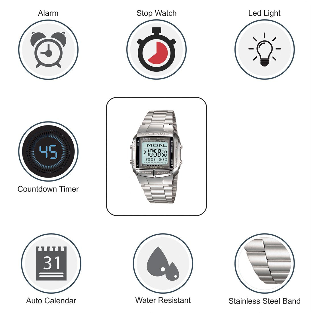 Casio Vintage Illuminator Data Bank Silver Chain Watch DB-360-1ADF