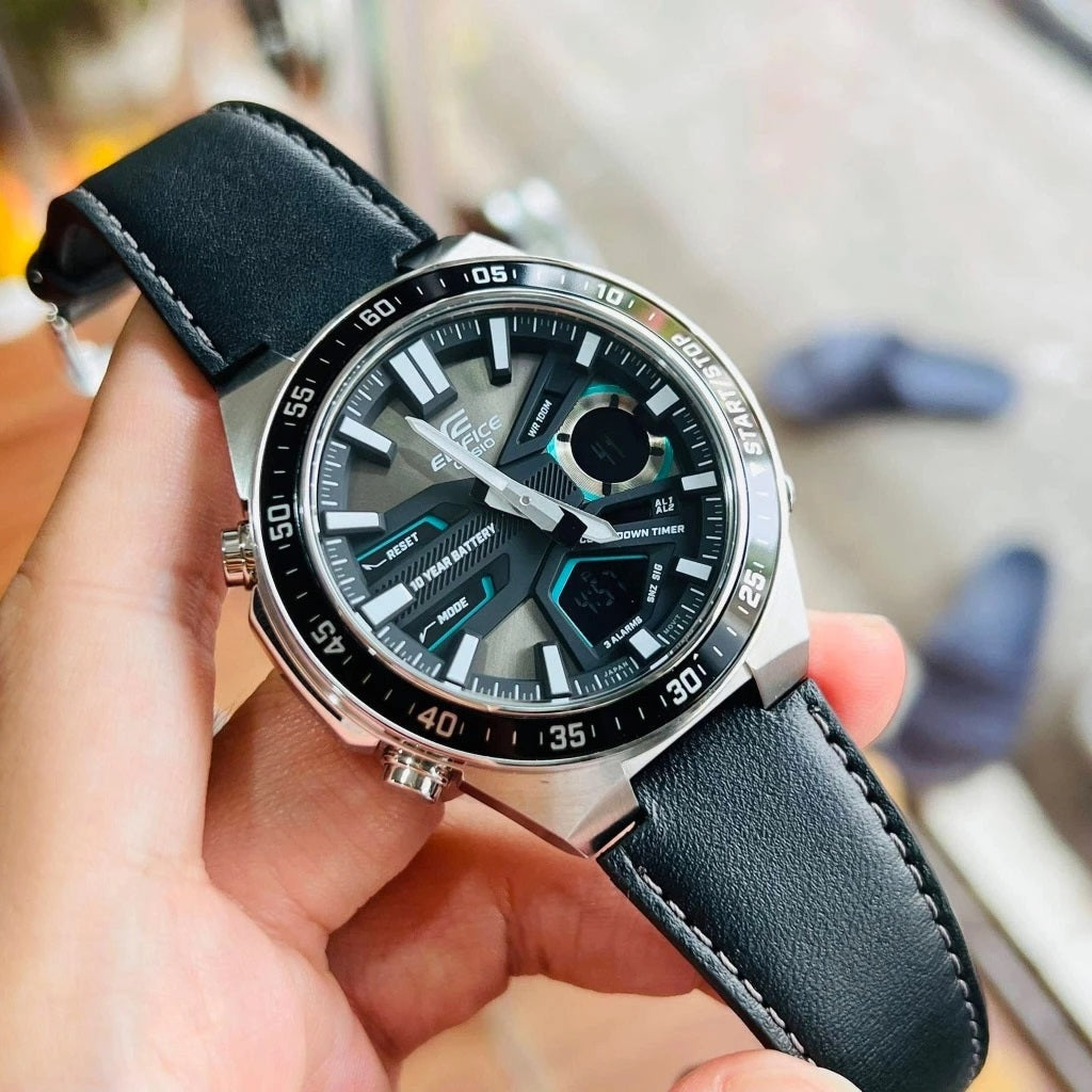 Casio Edifice Analog Digital Stainless Steel Silver Leather Belt Watch EFV-C110L-1AVDF