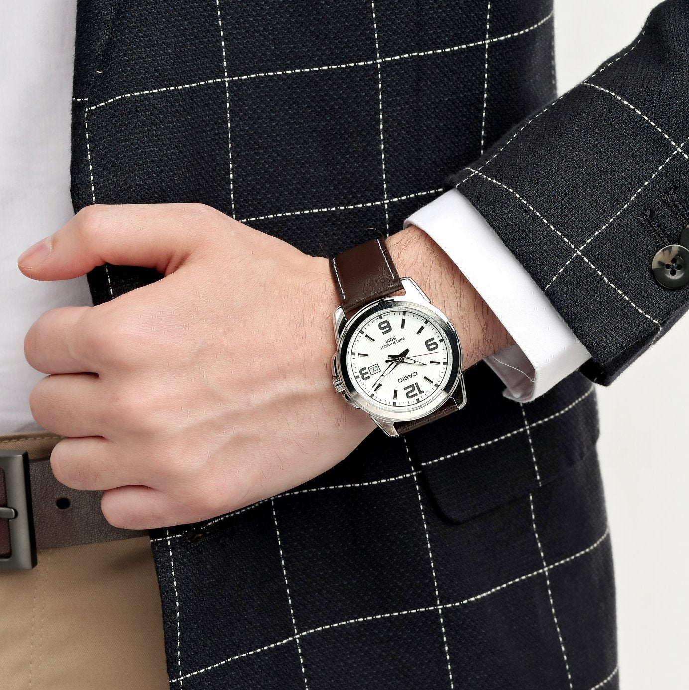 Casio Enticer Date Silver Leather Belt Watch MTP-1314L-7AVDF