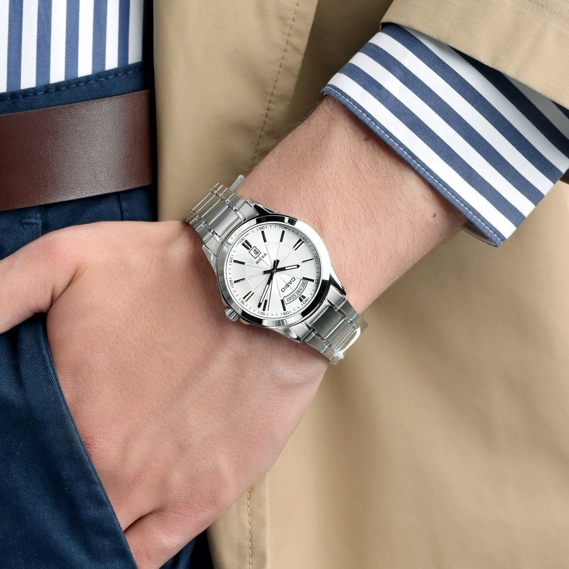 Casio Enticer Day Date Silver Chain Watch MTP-1381D-7AVDF