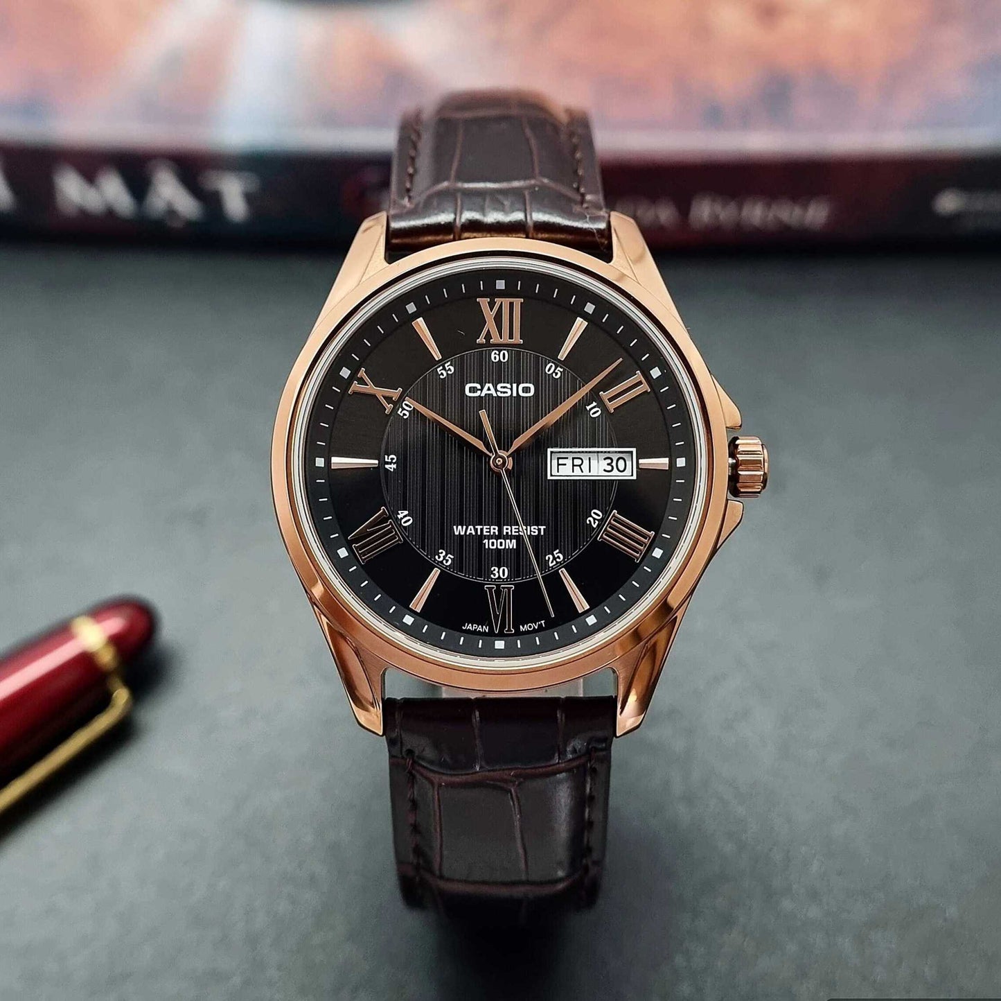 Casio Enticer Day Date Rose Gold Leather Belt Watch MTP-1384L-1AVDF
