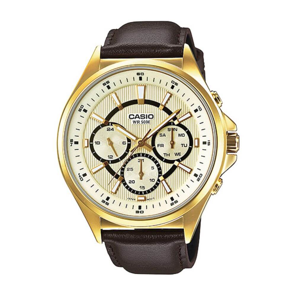 Casio Enticer Multifunction Stainless Steel Golden Leather Belt Watch MTP-E303GL-9AVDF