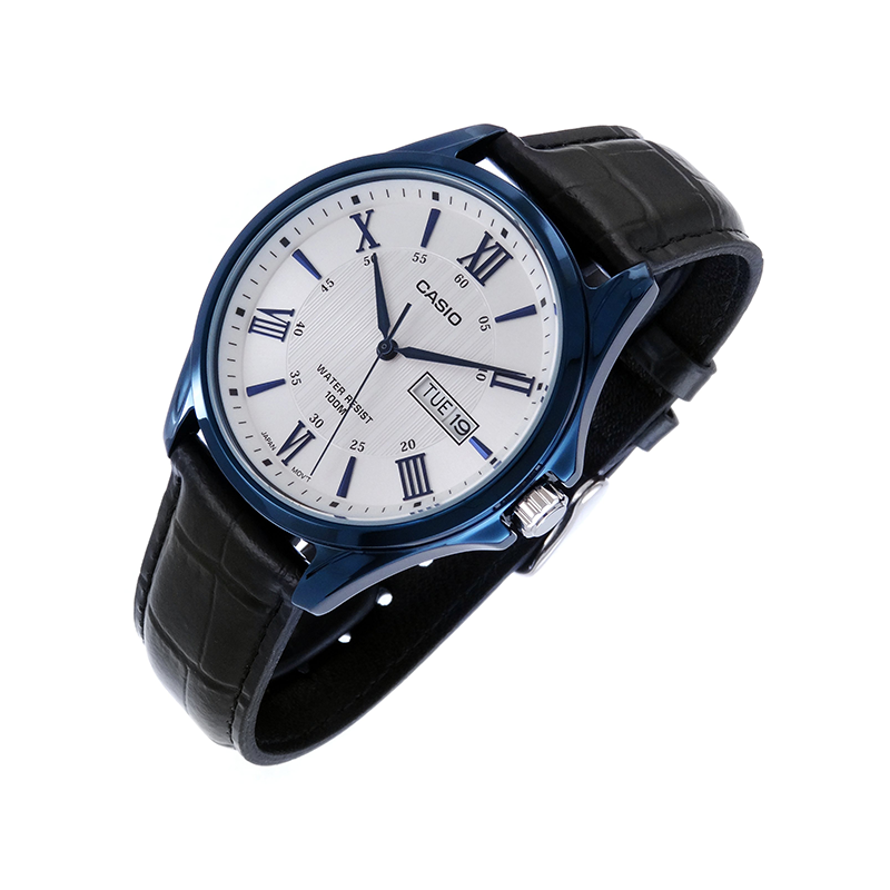 Casio Enticer Day Date Blue Leather Belt Watch MTP-1384BUL-7AVDF