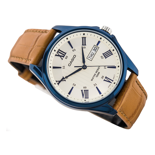Casio Enticer Day Date Blue Leather Belt Watch MTP-1384BUL-9AVDF