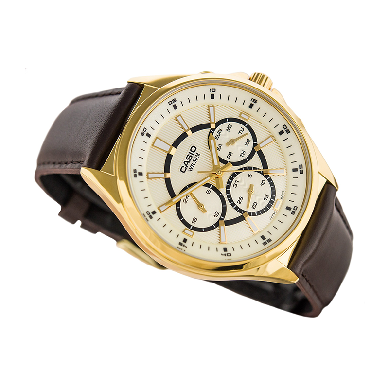 Casio Enticer Multifunction Stainless Steel Golden Leather Belt Watch MTP-E303GL-9AVDF