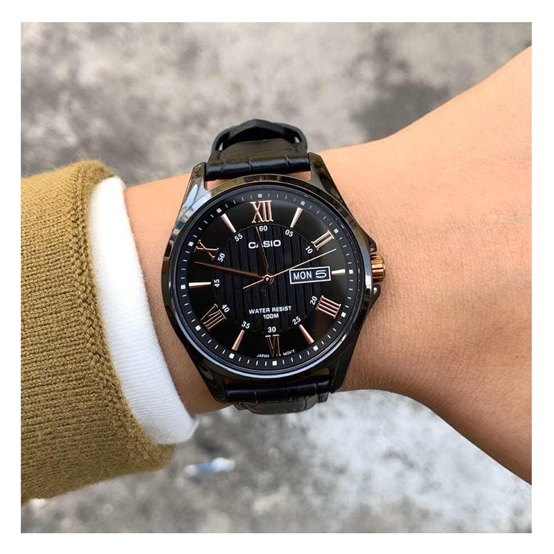 Casio Enticer Day Date Black Leather Belt Watch MTP-1384BL-1A2VDF