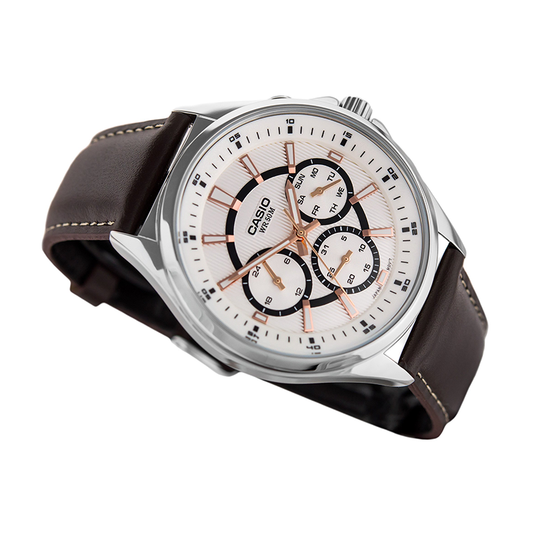 Casio Enticer Multifunction Stainless Steel Silver Leather Belt Watch MTP-E303L-7AVDF