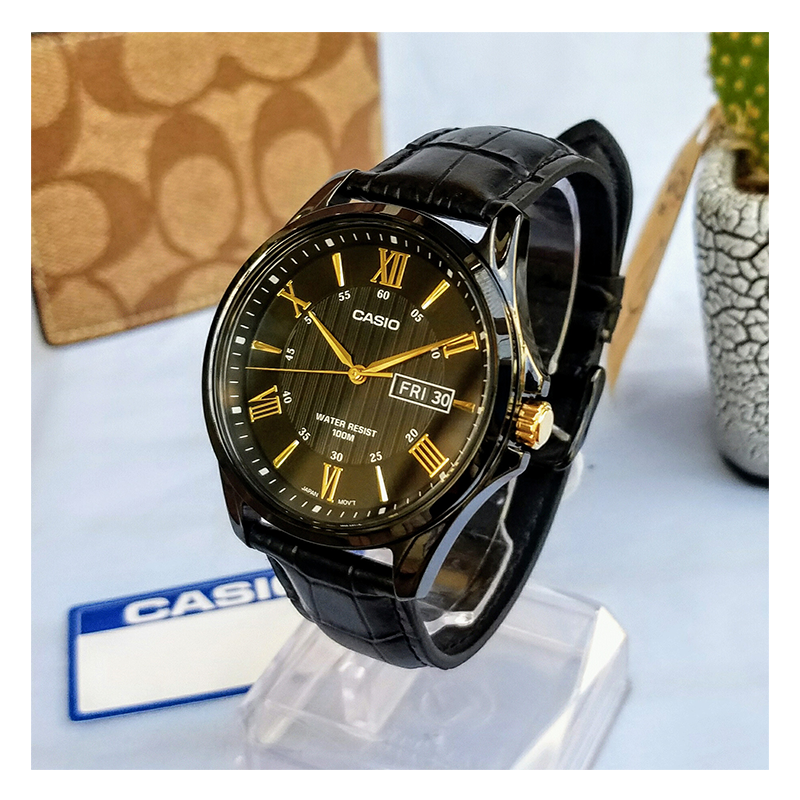 Casio Enticer Day Date Black Leather Belt Watch MTP-1384BL-1AVDF