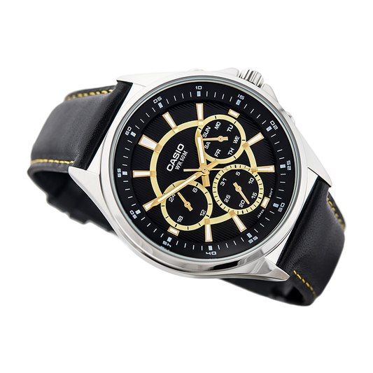 Casio Enticer Multifunction Stainless Steel Silver Leather Belt Watch MTP-E303L-1AVDF