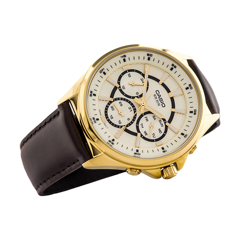Casio Enticer Multifunction Stainless Steel Golden Leather Belt Watch MTP-E303GL-9AVDF