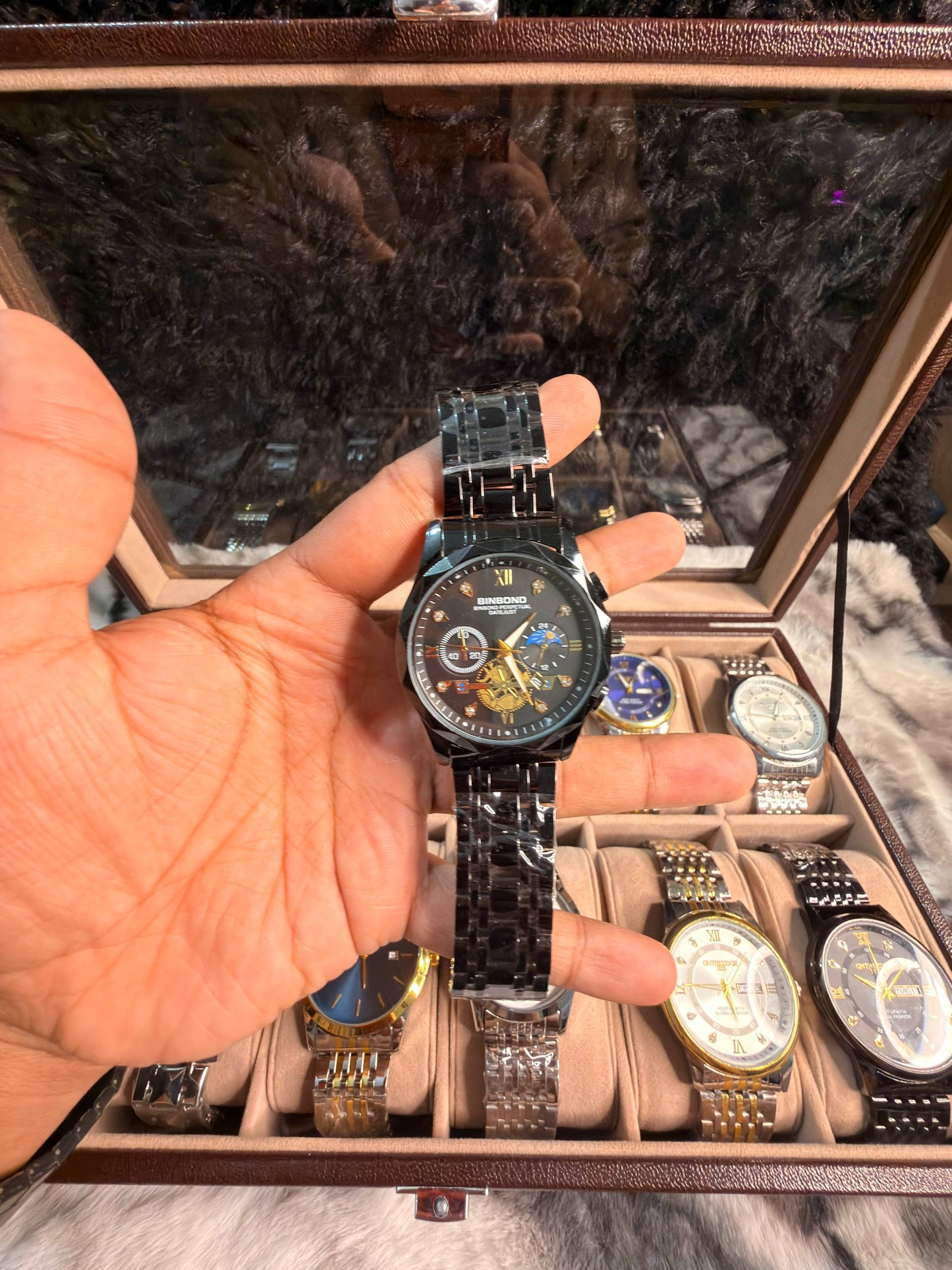 BINBOND B1236 Classic Quartz Luminous Watch – Stainless Steel, Moon Phase, 3BAR Water Resistant