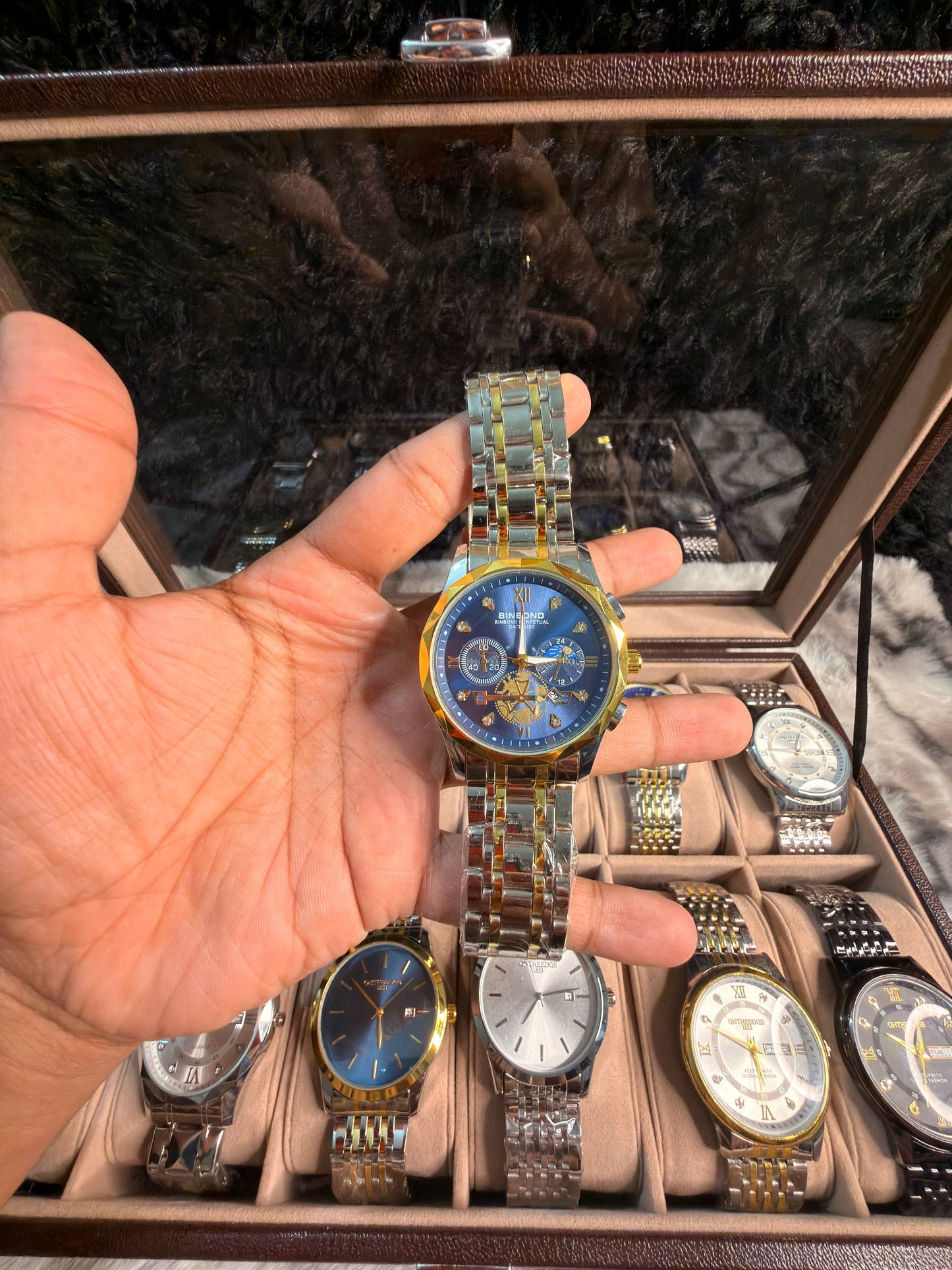 BINBOND B1236 Classic Quartz Luminous Watch – Stainless Steel, Moon Phase, 3BAR Water Resistant