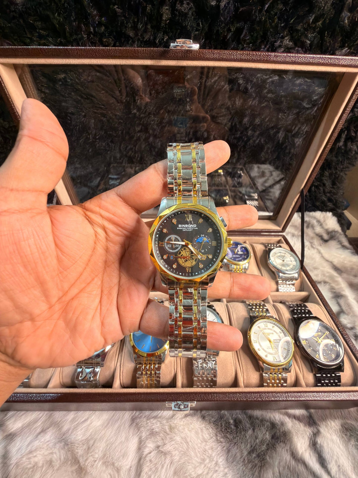 BINBOND B1236 Classic Quartz Luminous Watch – Stainless Steel, Moon Phase, 3BAR Water Resistant