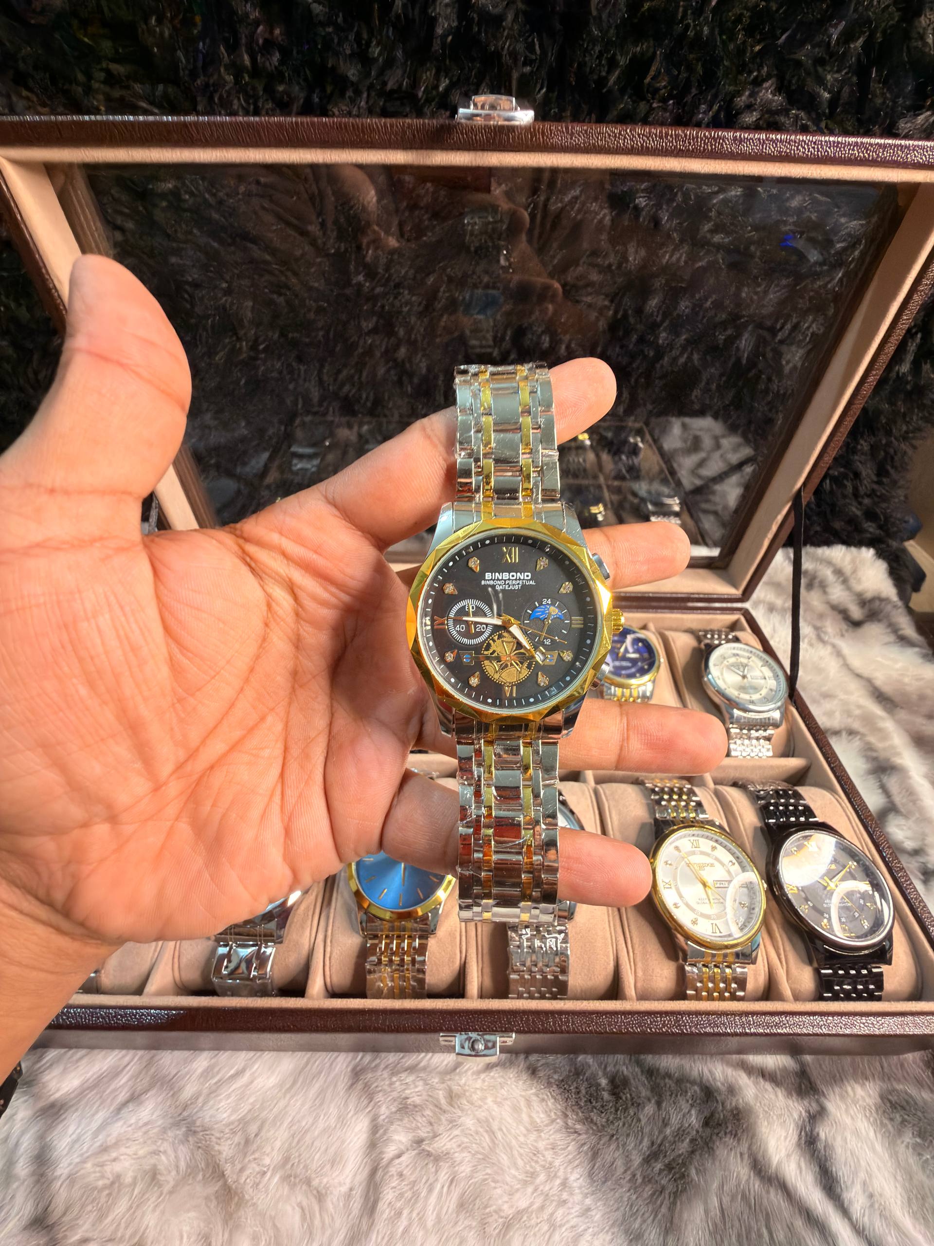 BINBOND B1236 Classic Quartz Luminous Watch – Stainless Steel, Moon Phase, 3BAR Water Resistant