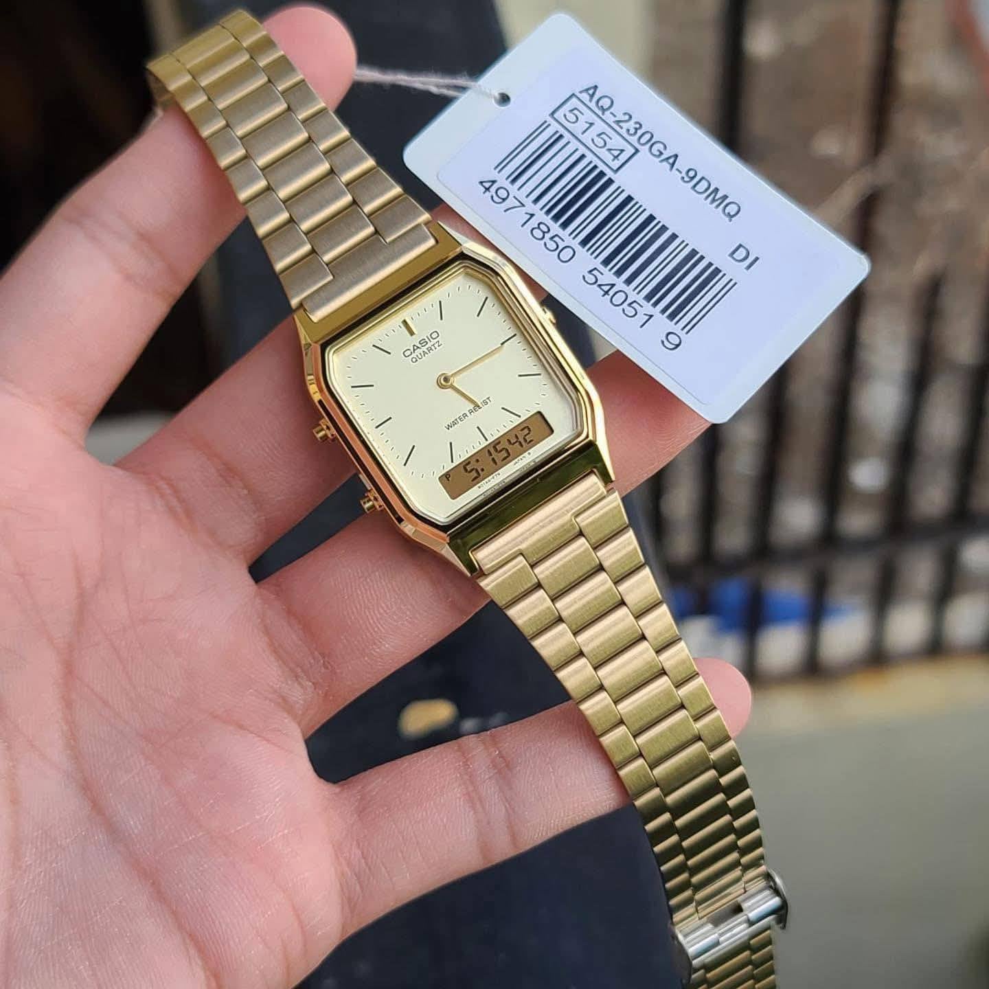 Casio Vintage Dual Time Watch - AQ-230GA-9DMQ, Stainless Steel Band, Gold CASIO