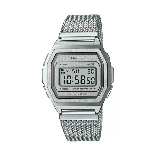 Casio Vintage Illuminator Stainless Steel Silver Mesh Chain Watch A1000MA-7EF