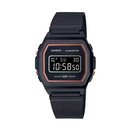 Casio Vintage Illuminator Stainless Steel Black Mesh Chain Watch A1000MB-1BEF