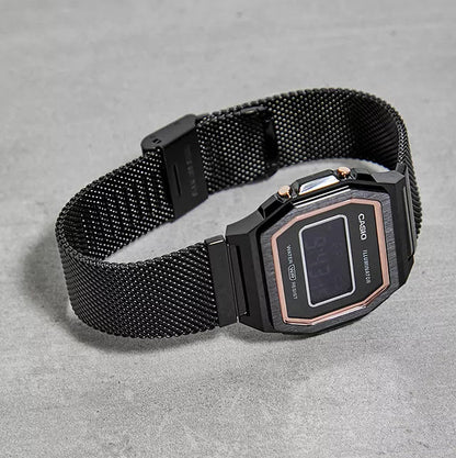 Casio Vintage Illuminator Stainless Steel Black Mesh Chain Watch A1000MB-1BEF