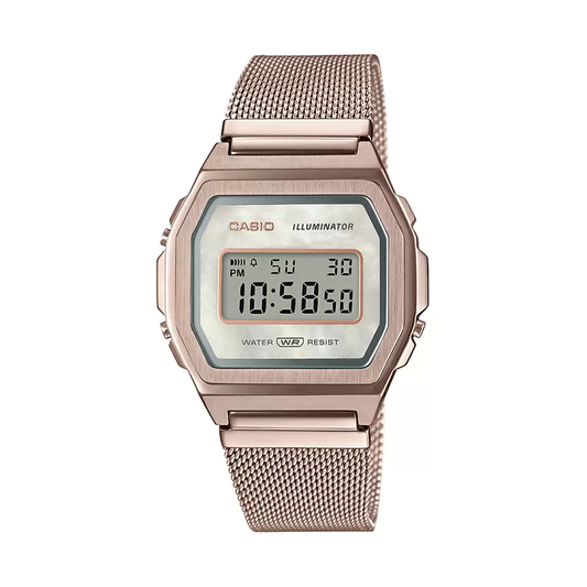 Casio Vintage Illuminator Stainless Steel Peach Gold Mesh Chain Watch A1000MCG-9EF