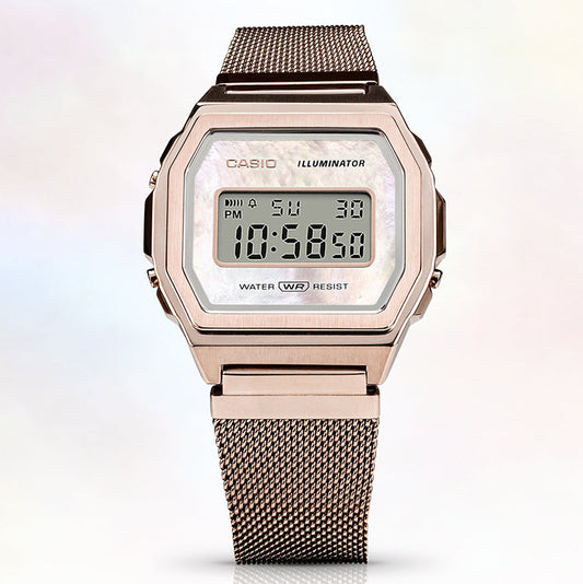 Casio Vintage Illuminator Stainless Steel Peach Gold Mesh Chain Watch A1000MCG-9EF