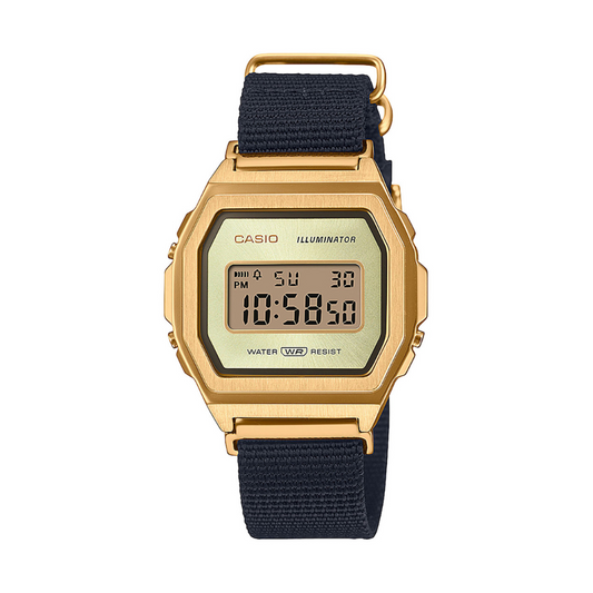Casio Vintage Illuminator Stainless Steel Golden Nylon Belt Watch A1000MGN-9ER