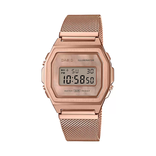 Casio Vintage Illuminator Stainless Steel Rose Gold Mesh Chain Watch A1000MPG-9EF