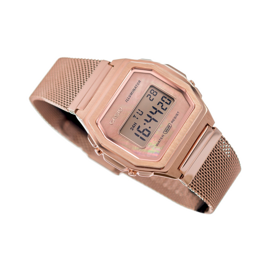 Casio Vintage Illuminator Stainless Steel Rose Gold Mesh Chain Watch A1000MPG-9EF