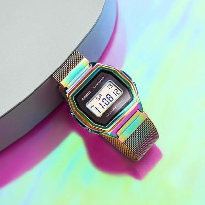 Casio Vintage Illuminator Stainless Steel Rainbow Mesh Chain Watch A1000RBW-1ER
