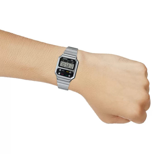 Casio Vintage Digital Silver Chain Watch A100WE-1ADF