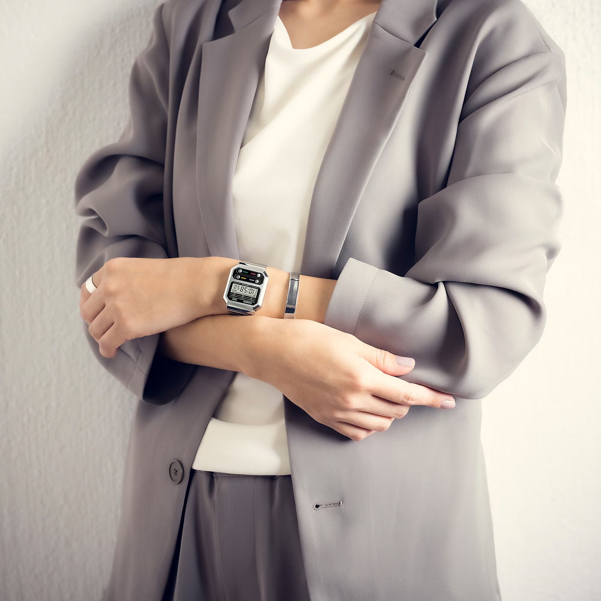 Casio Vintage Digital Silver Chain Watch A100WE-1ADF