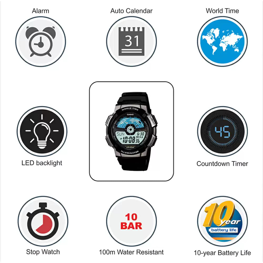 Casio Youth World Time Digital Resin Belt Watch AE-1100W-1AVDF