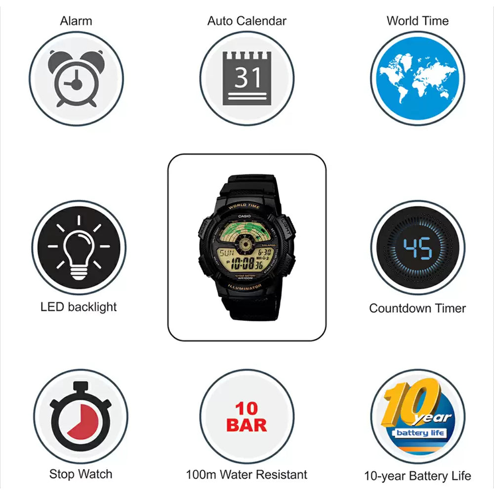 Casio Youth World Time Digital Resin Belt Watch AE-1100W-1BVDF