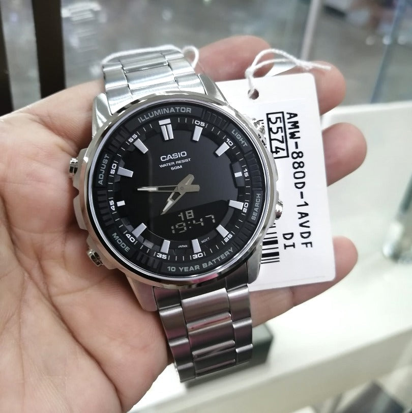 Casio Standard Illuminator Dual Time Stainless Steel Chain Watch AMW-880D-1AVDF