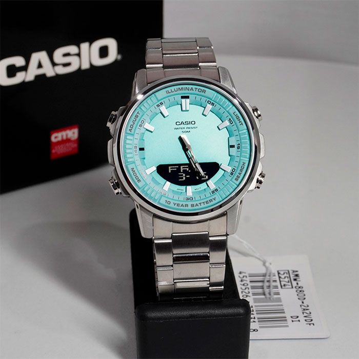 Casio Standard Illuminator Dual Time Stainless Steel Chain Watch AMW-880D-2A2VDF