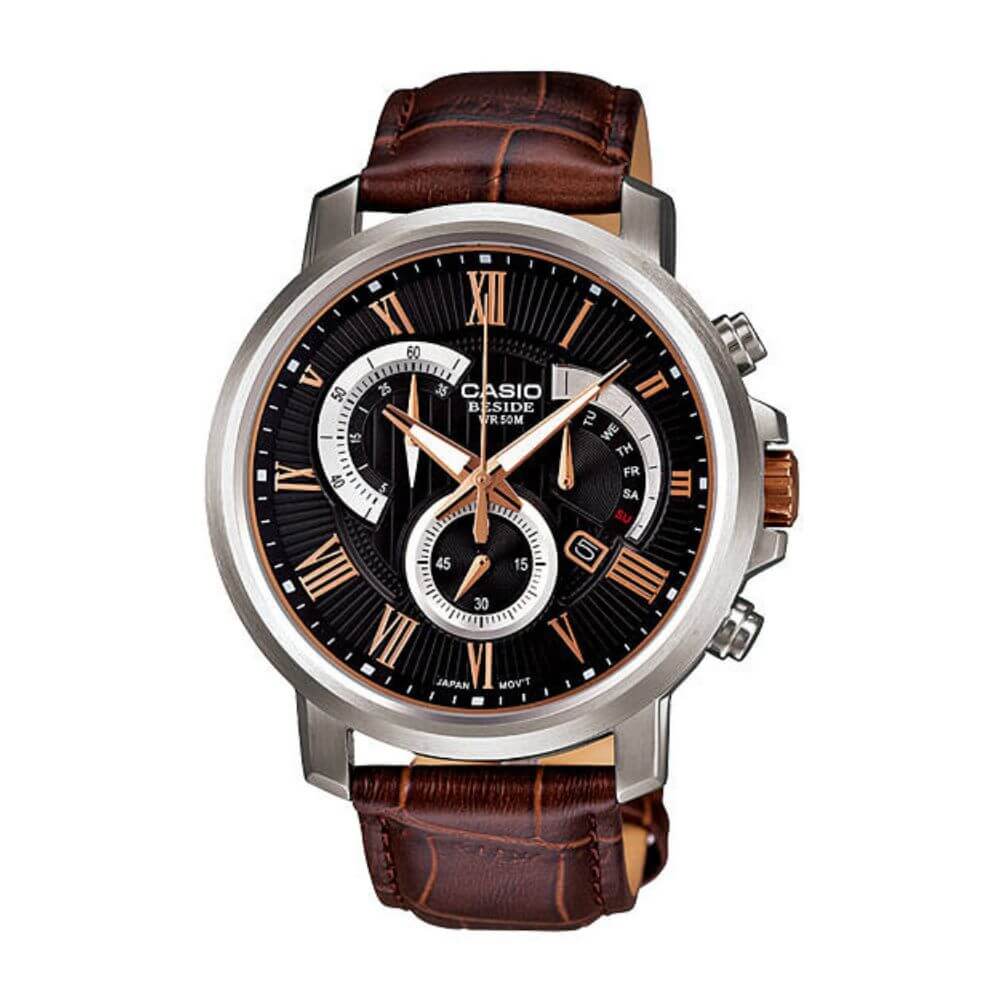 Casio Beside Chronograph Stainless Steel Leather Belt Watch BEM-506GL-1AVDF
