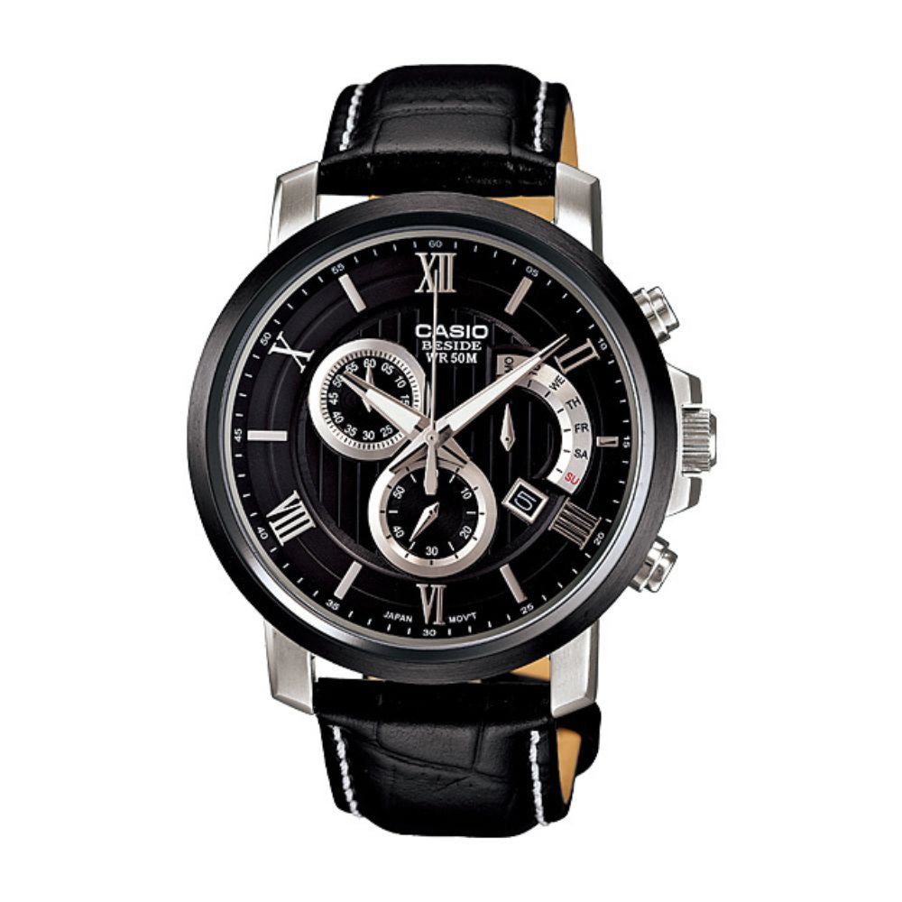 Casio Beside Chronograph Stainless Steel Leather Belt Watch BEM-507BL-1AVDF