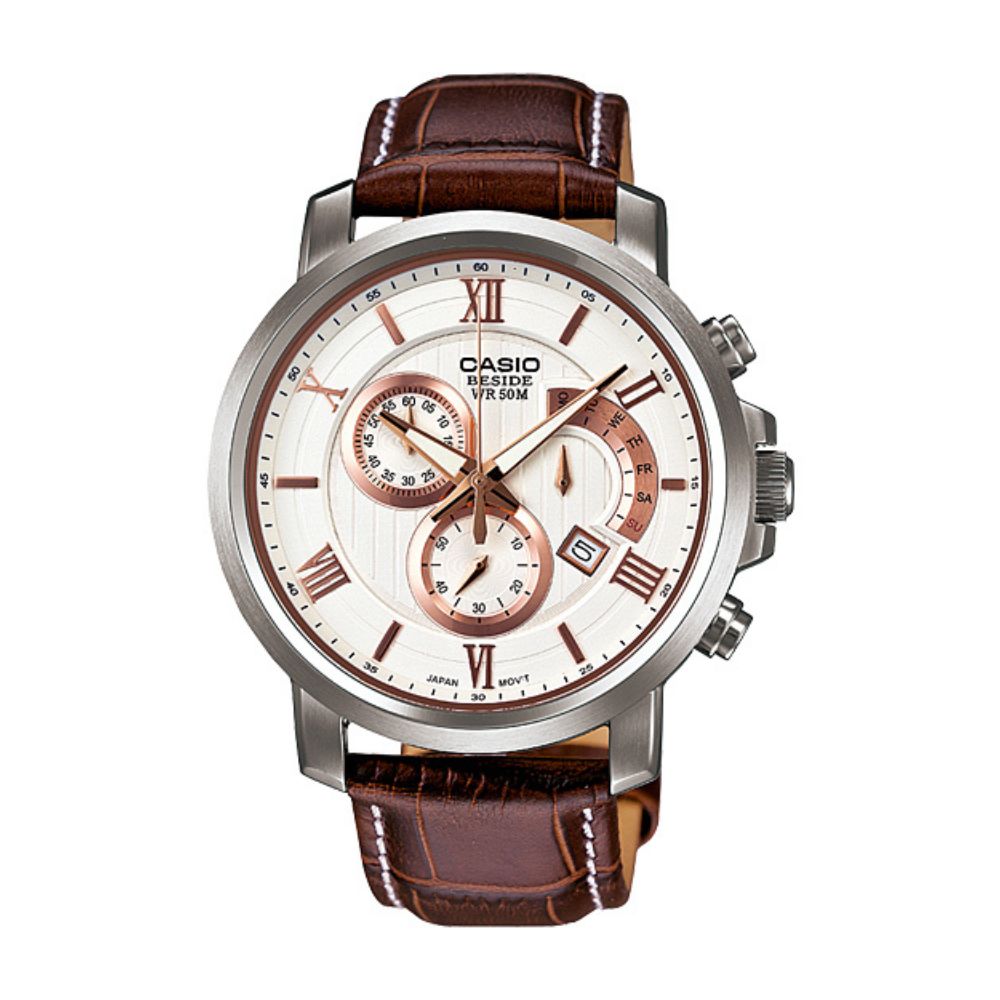 Casio Beside Chronograph Stainless Steel Leather Belt Watch BEM-507L-7AVDF